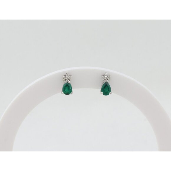 14k White Gold Lab Created Emerald & Diamond Earrings Stud Post Earrings 3/8" - Picture 3 of 9